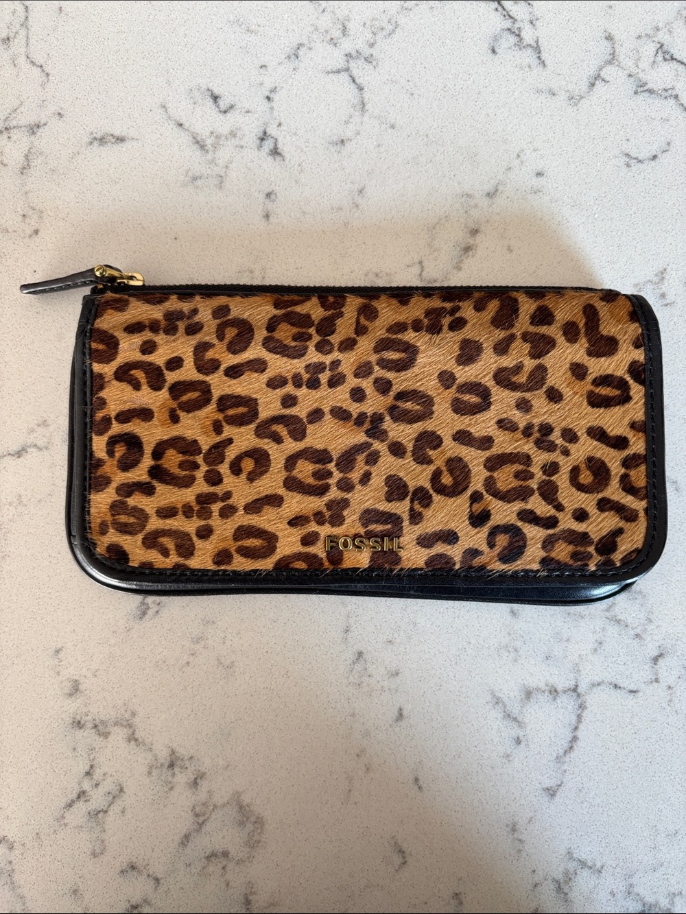 Fossil Leopard Print Zip Wallet with Genuine Leather  - Tan & Black